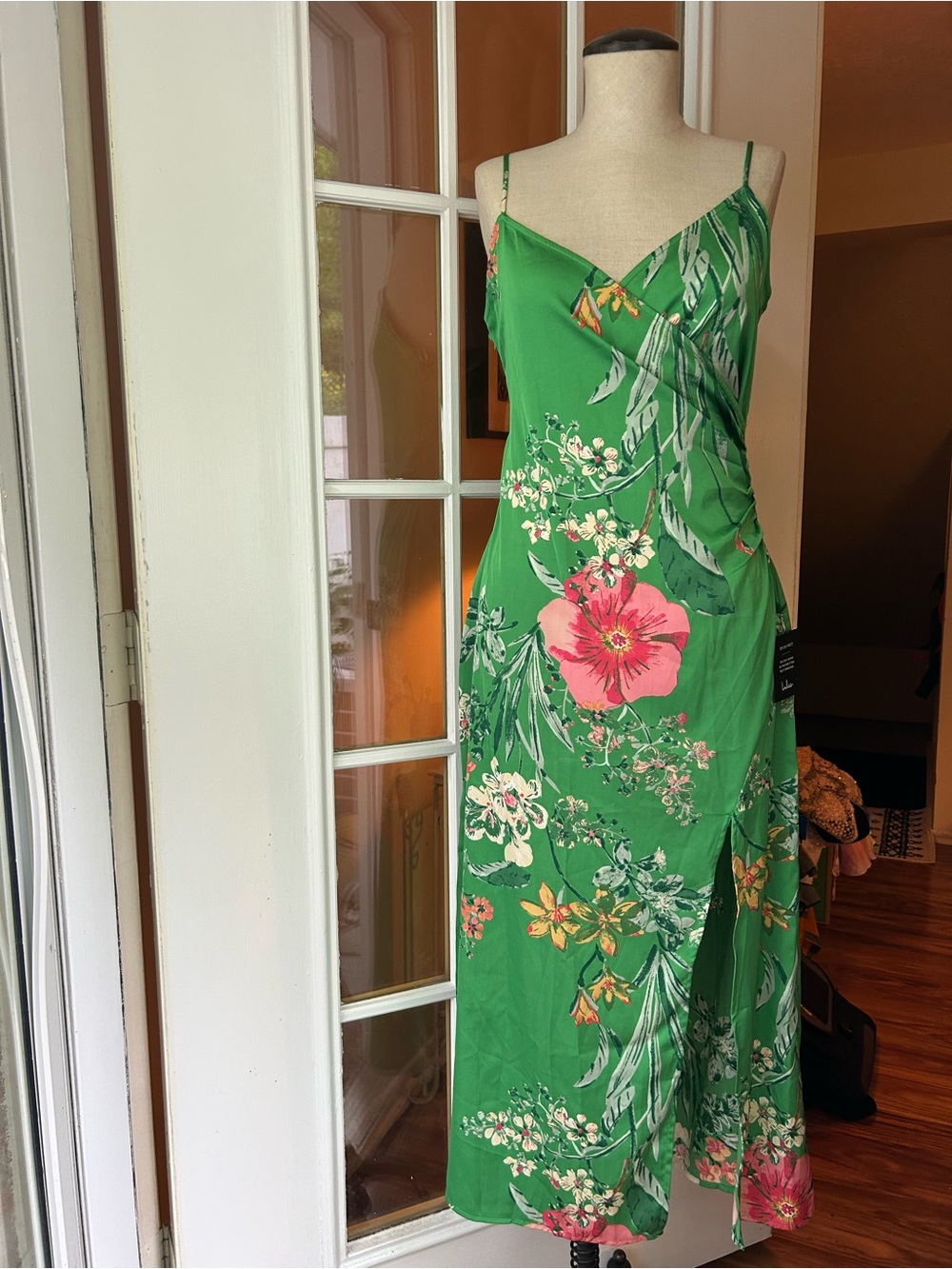 Lulu's still the one Emerald Green pink Floral Satin Slip Maxi Dress. Small. New